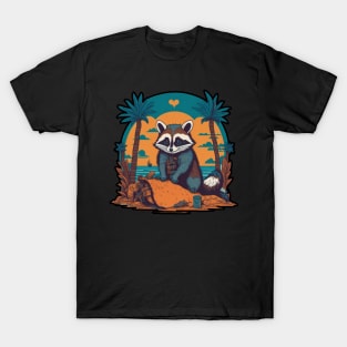 Raccoon on the beach at vacation T-Shirt